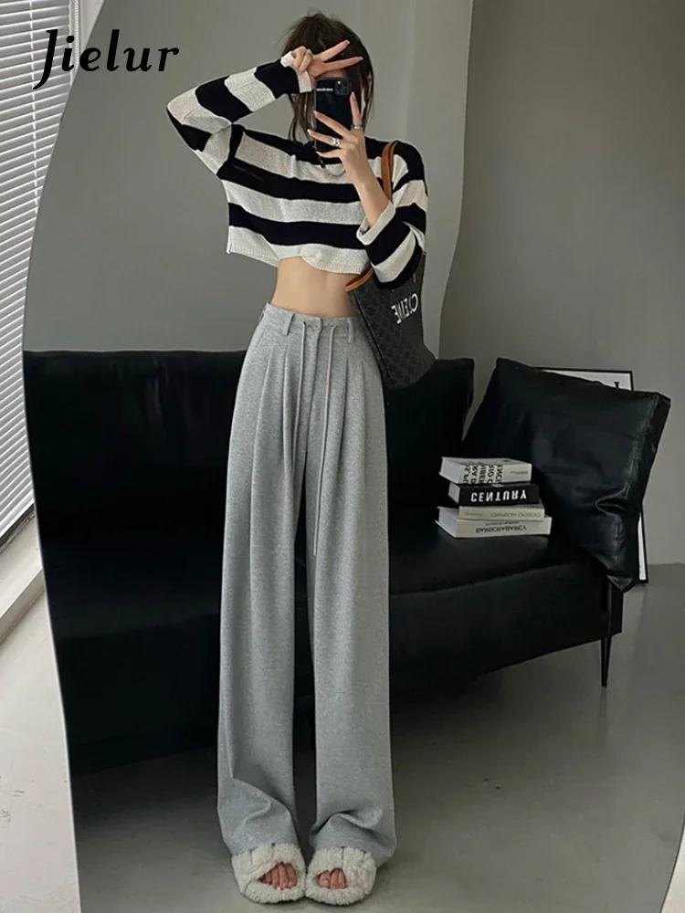Jielur New High Waist American Solid Color new Women's Pants Drawstring Loose 2025 Straight Pants Woman Grey Casual Pants Summer Female
