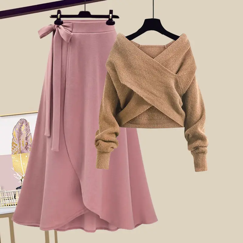 Spring/Summer Set 2025 Women's 2023 New Large Women's Korean Slim new Cross Sweater High Waist Half Skirt Two Piece Set Fashion