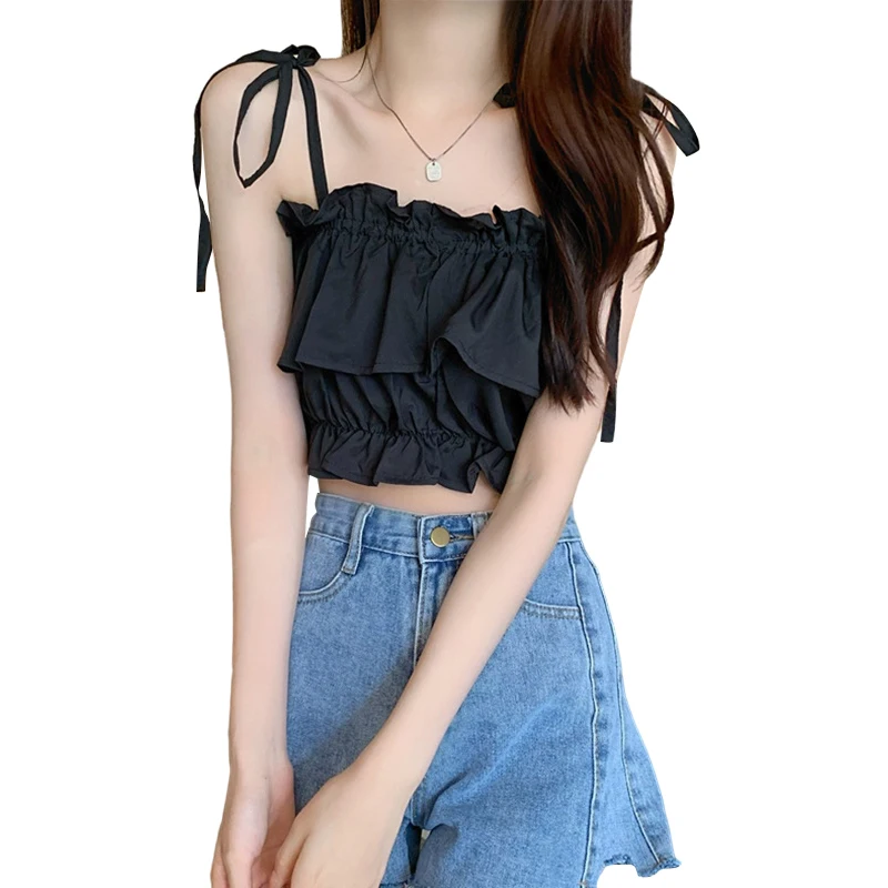 Women Summer Crop Camisoles Low-Cut 2025 Sling new Plain Ruffle Ruched Short Tops, Ladies Shoulder Straps Tie Slim Navel Vest
