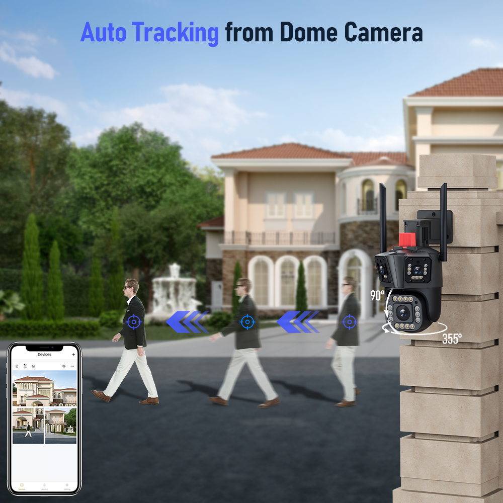 Camcamp 5K Smart Wifi IP Camera PTZ Outdoor Three Lens Screen Preview 10X Zoom 6K CCTV Video Surveillance Camera 360° Protection