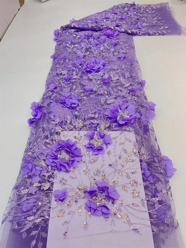 African Glue Sequins Tulle Lace Fabric French High Quality 3d Embroidery 5 Yards Nigerian Lace Fabrics For Party Dress