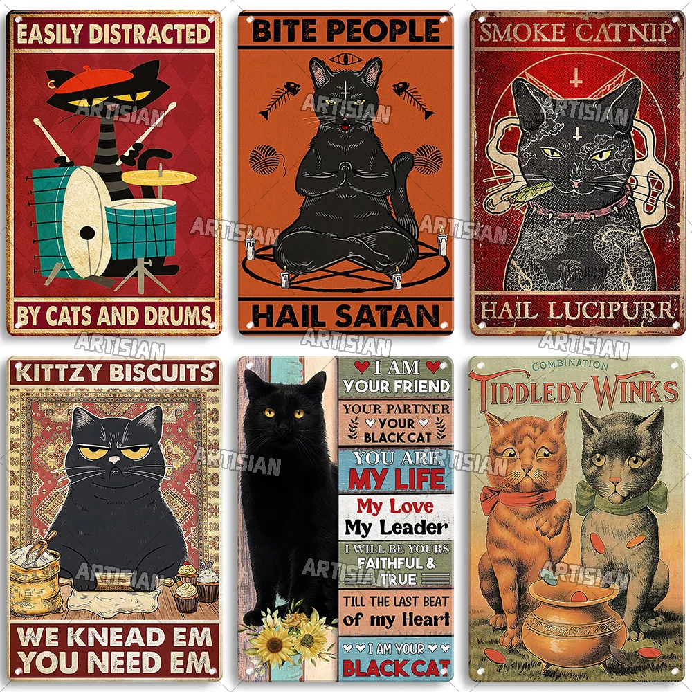 Artisian Animal Sign Black CAT new Retro Metal Poster Funny Pet Vintage Decorative Tin Plate Garage Bar Pub Club 2025 Home Wall Decor