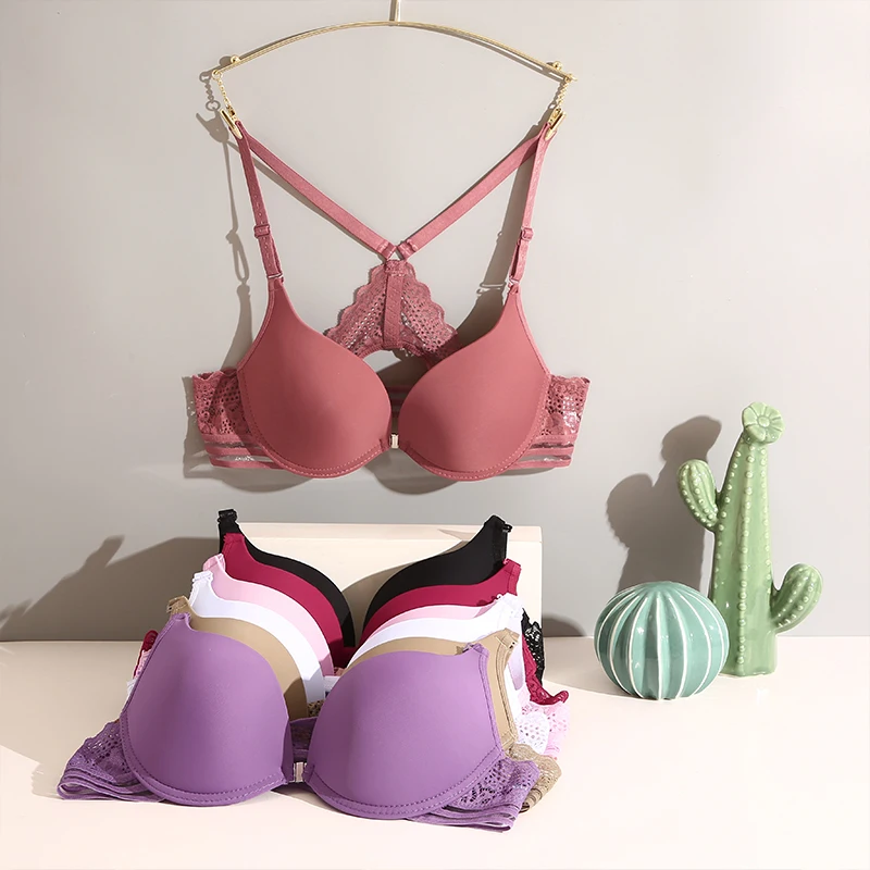 Sexy Women Lace Back Crossing Push Up Gather Bra Front Opened Full Cup Ladies Solid Underwear Female Soft Breathable Brassiere