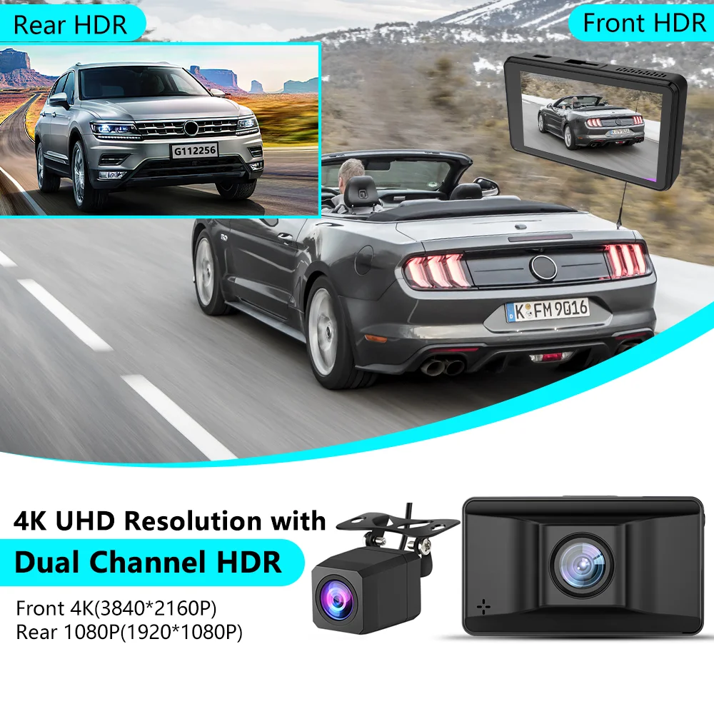4K Wifi Touch Screen Dual Dash Cam External GPS Car DVR Front and Rear Dash Camera Video Recorder BLACK BOX 2.5F Super Capacitor