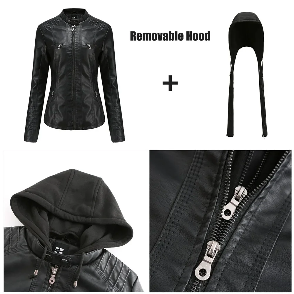 Faux Leather Jacket Women 2023 new Spring Hooded Moto Biker Zipper Jacket New in 2025 Outerwears Autumn Apricot Black White Red Brown XS