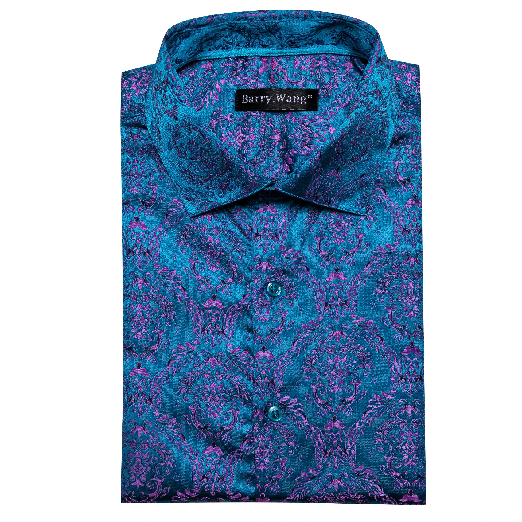 Elegant Men's Shirts Silk Long Sleeve Blue Flower Slim Fit Casual Lapel Male Tops Breathable Single Breasted Barry Wang