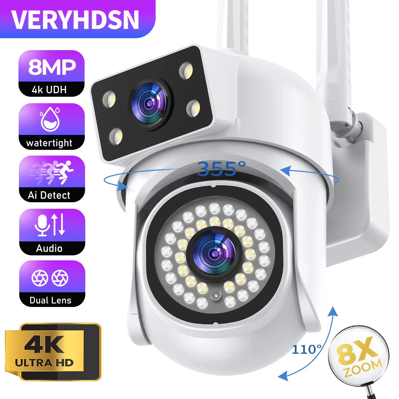 VERYHDSN 8MP 4K PTZ Wifi Camera Dual Len Human Detect Auto Tracking Outdoor Surveillance Camera Waterproof Security Night Vision