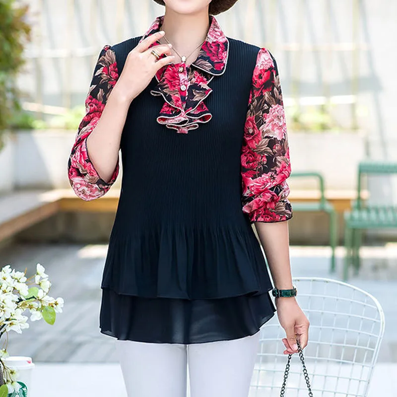 2025 Mom's Spring Summer new Chinese Style Various Pattern Printing Turn Down Collar Flare Sleeve Blouse Agaric Lace Long Sleeve Thin