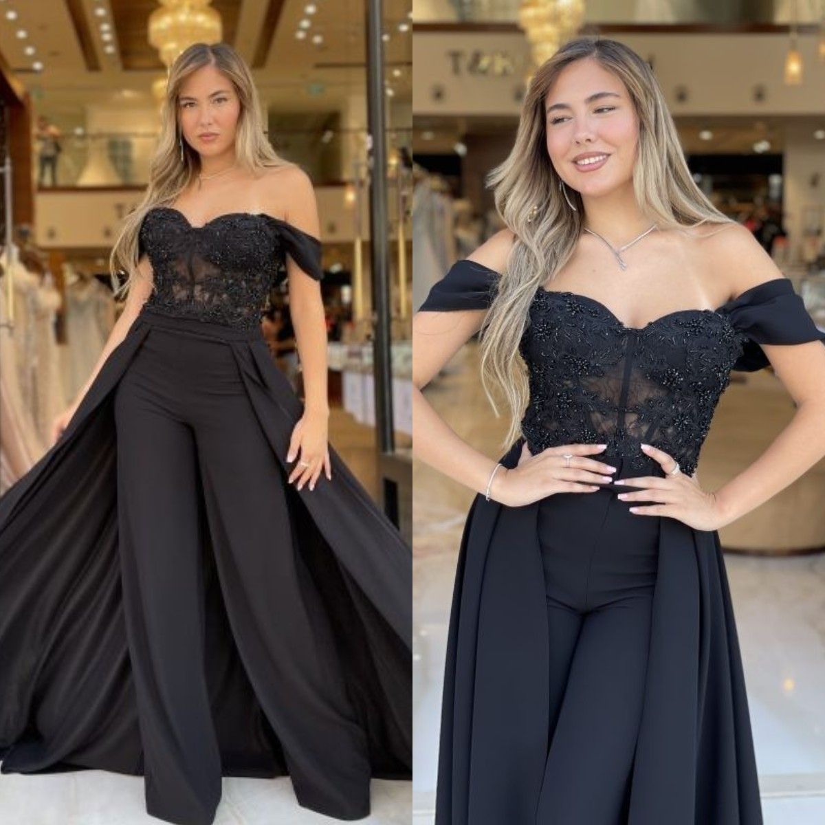 Jumpsuits Elegant Black Evening With Overskirts Off Shoulder Beads Prom Dress Pantssuit or Length Formal Long Jumpsuit Dresses For Special Ocn Fmal es