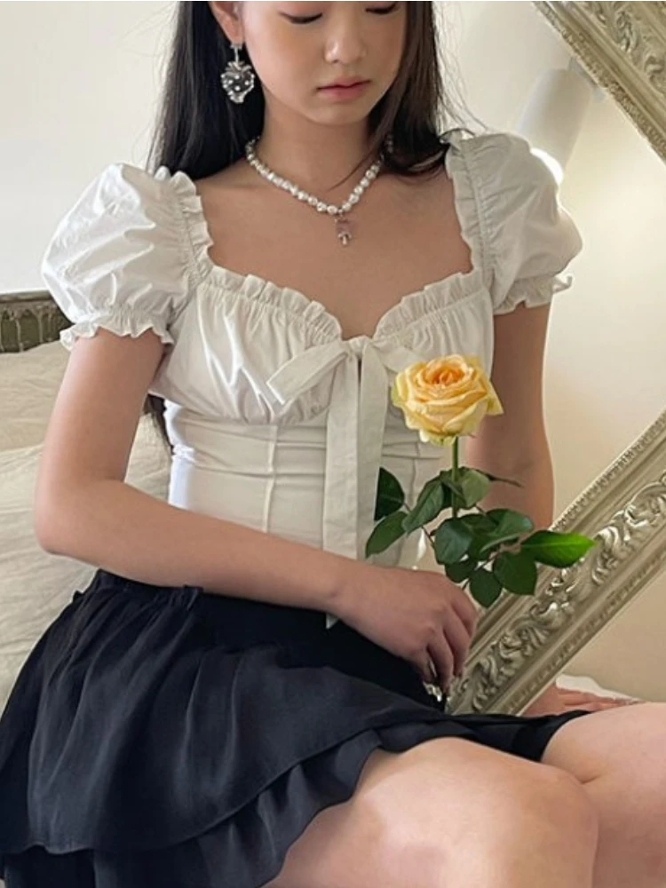 HOUZHOU Kawaii White Blouse Women Sweet Ruffles Puff Sleeve Crop Tops Summer Short Sleeve Casual High Street Korean Fashion