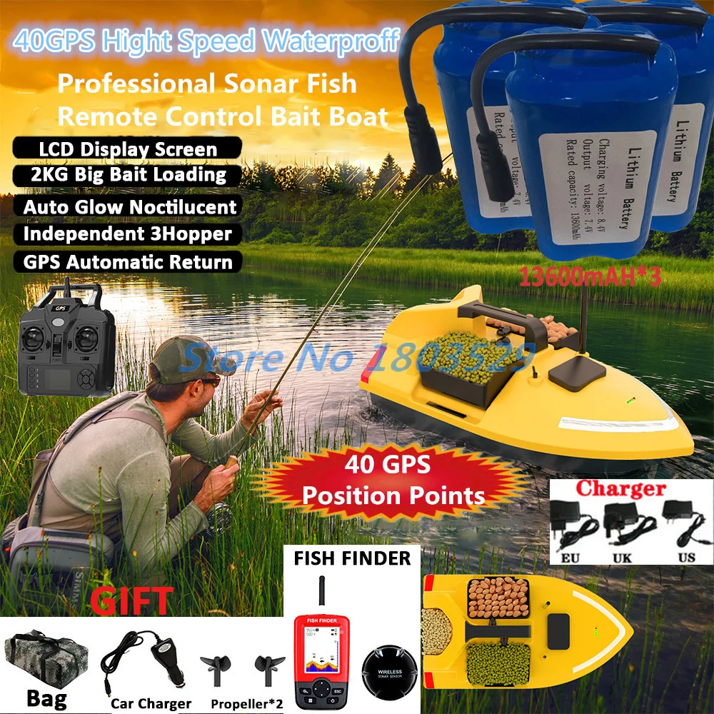 40GPS Fixed Speed Cruise Professional Remote Control Bait Boat 500M GPS Auto Return 3 Hopper Waterproof RC Sonar Fishing Boat