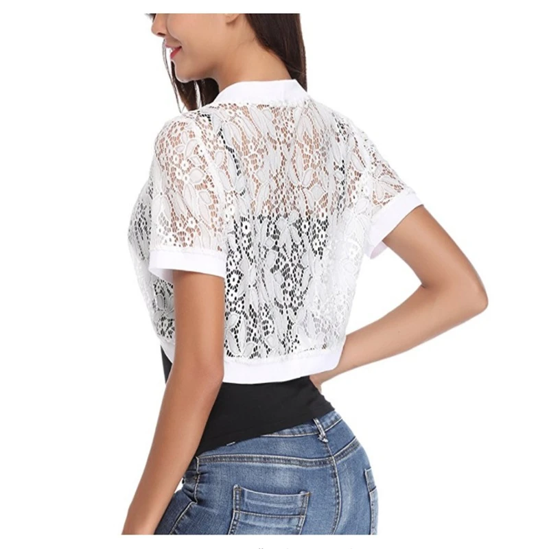Sexy Women Black White Lace Elegant Ladies Shrug Short Bell Sleeve Cropped new 2025 Jacket Shrug For Wedding Evening Prom