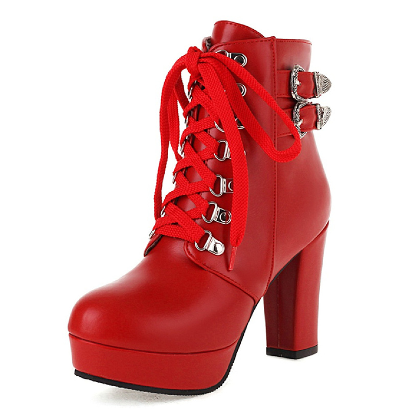 Up Lace Women Ankle Platform High Heel Short Boots Buckle Red Pink Autumn Winter Sexy Ladies Party Shoes Large Size 45 46f2