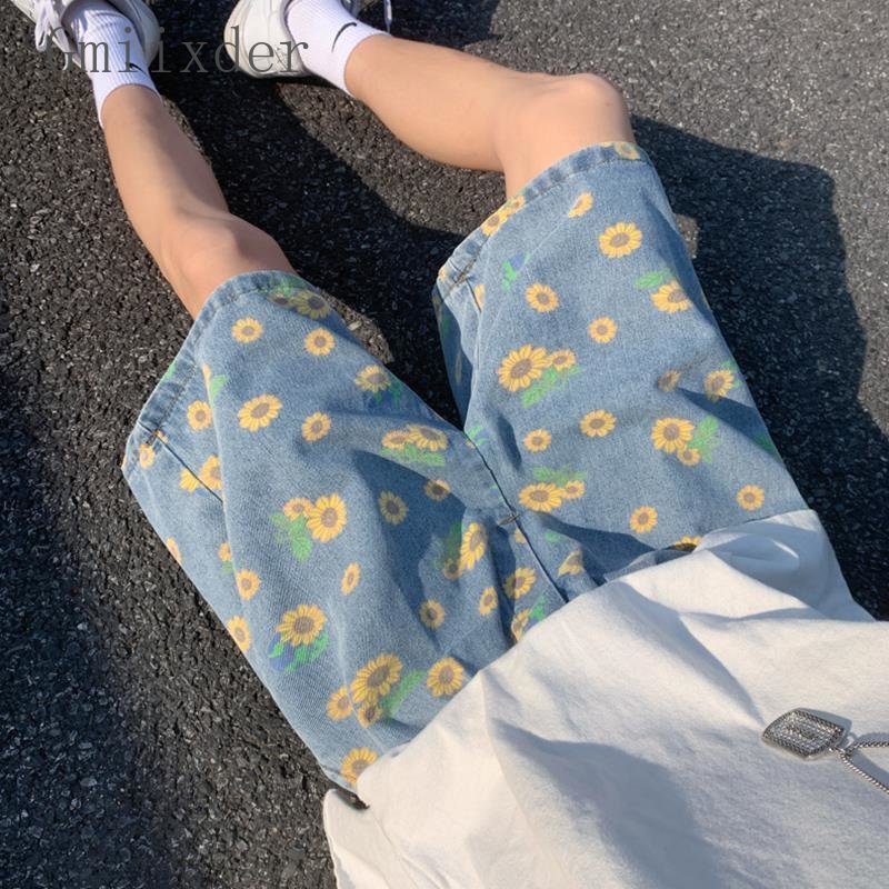 Gmiixder Daisy Denim Shorts Men's 2023 Summer new High Street Capris Women 2025 Techwear Oversize Leisure Beach Pants Unisex Streetwear