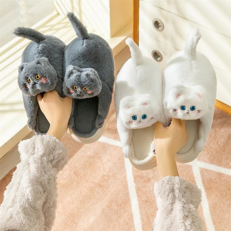 Comwarm Cute Cat Plush Slippers For Women Men Home Furry Slippers Indoor Kawaii Floor Shoes Non-slip Fluffy Winter Warm Slippers