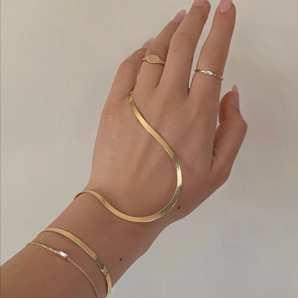 Tarnish Free Steel 18k Gold Plated Flat Snake Chain Bracelets Bangles For Women Herringbone Chain Accessories Jewelry Gift