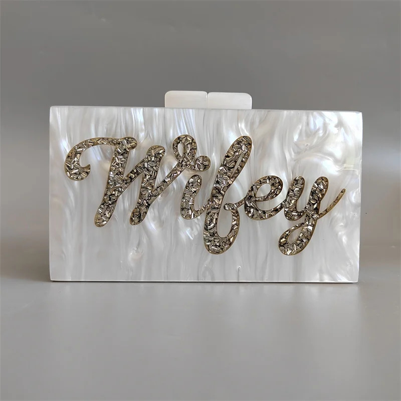 Women Pearl White Silver Glitter Letter Name Wifey Acrylic Evening Clutch Bag Ladies Chain Party Shoulder Purses And Handbag 240321
