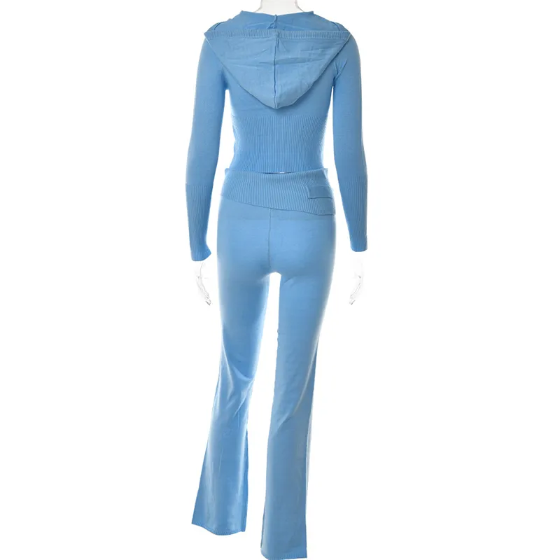 Solid Knitted 2 Piece new Sets Women Tracksuit 2025 Long Sleeve Zipper Hooded Sweater Jackets Crop Top Flare Pants Stretchy Matching Suit