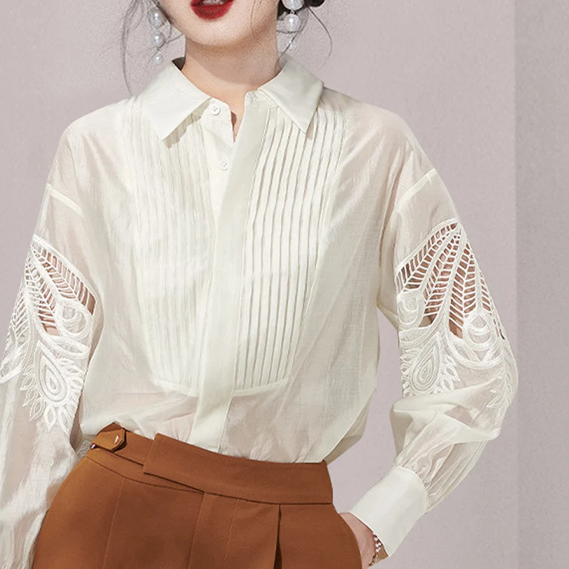 2023 Spring Commuting Long-sleeved new shirt Turndown collar Vintage 2025 Women embroidery Lace Tops Hollow out White Blouse