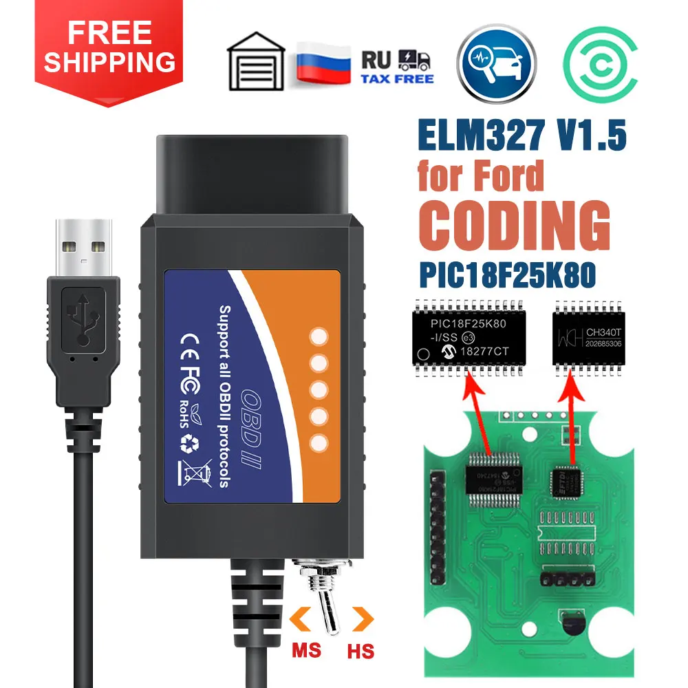ELM 327 V1.5 USB OBD 2 ELM327 Switch For Ford Forscan 2025 ELMconfig Code new Reader Scanner PIC18F25K80 & CH340 Chip HS CAN MS CAN