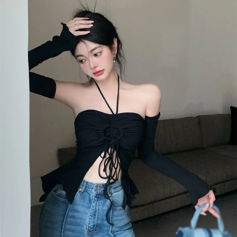 Off new Shoulder Crop 2025 Top For Women Halterneck Slim Fit Sexy Base Shirt Spring Summer