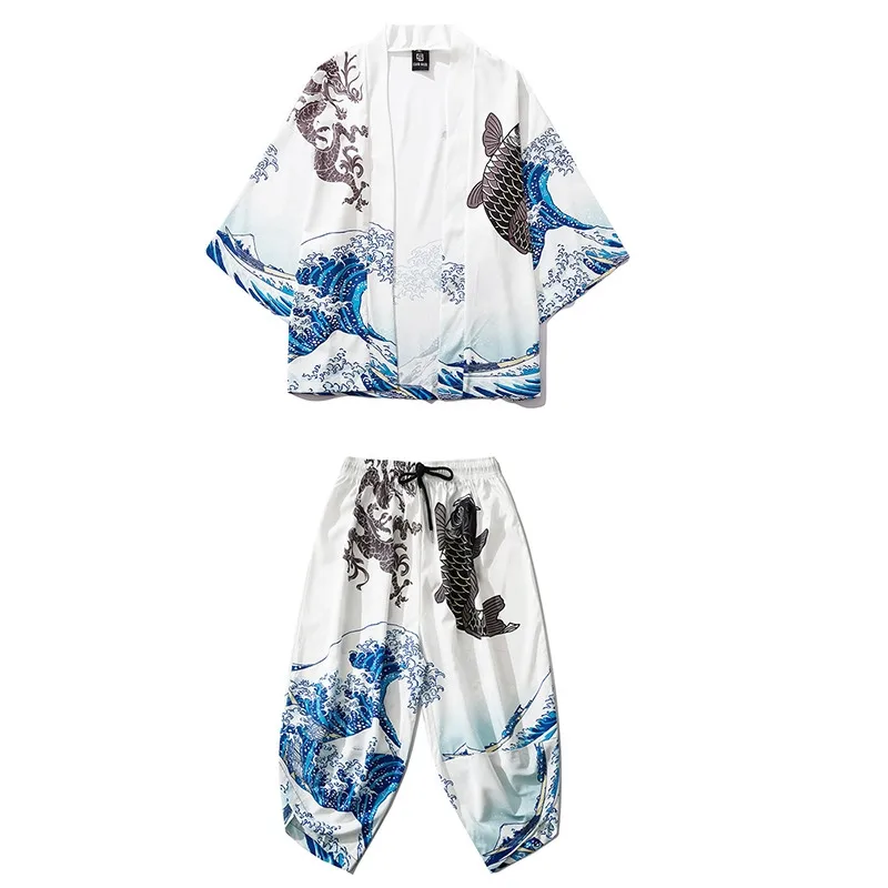 Men Japanese Kimono Traditional Casual Two Piece Set Coat new and Pants Asian 2025 Clothes Harakuju Wave Carp Print Kimono Cardigan