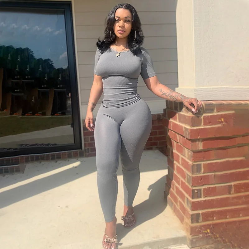 Knitted thread Two Piece Set Women Summer Tracksuit new Sporty High Stretch Tight Short 2025 Sleeved Tops Pants Leggings Casual Outfit