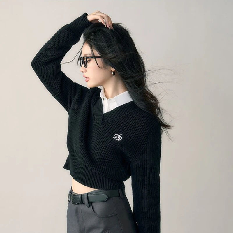 new Deeptown Haruku Basic Black Cropped Sweater Women 2025 Vintage Korean Style Slim Gray Long Sleeve Knit Jumper Female Preppy Fashion