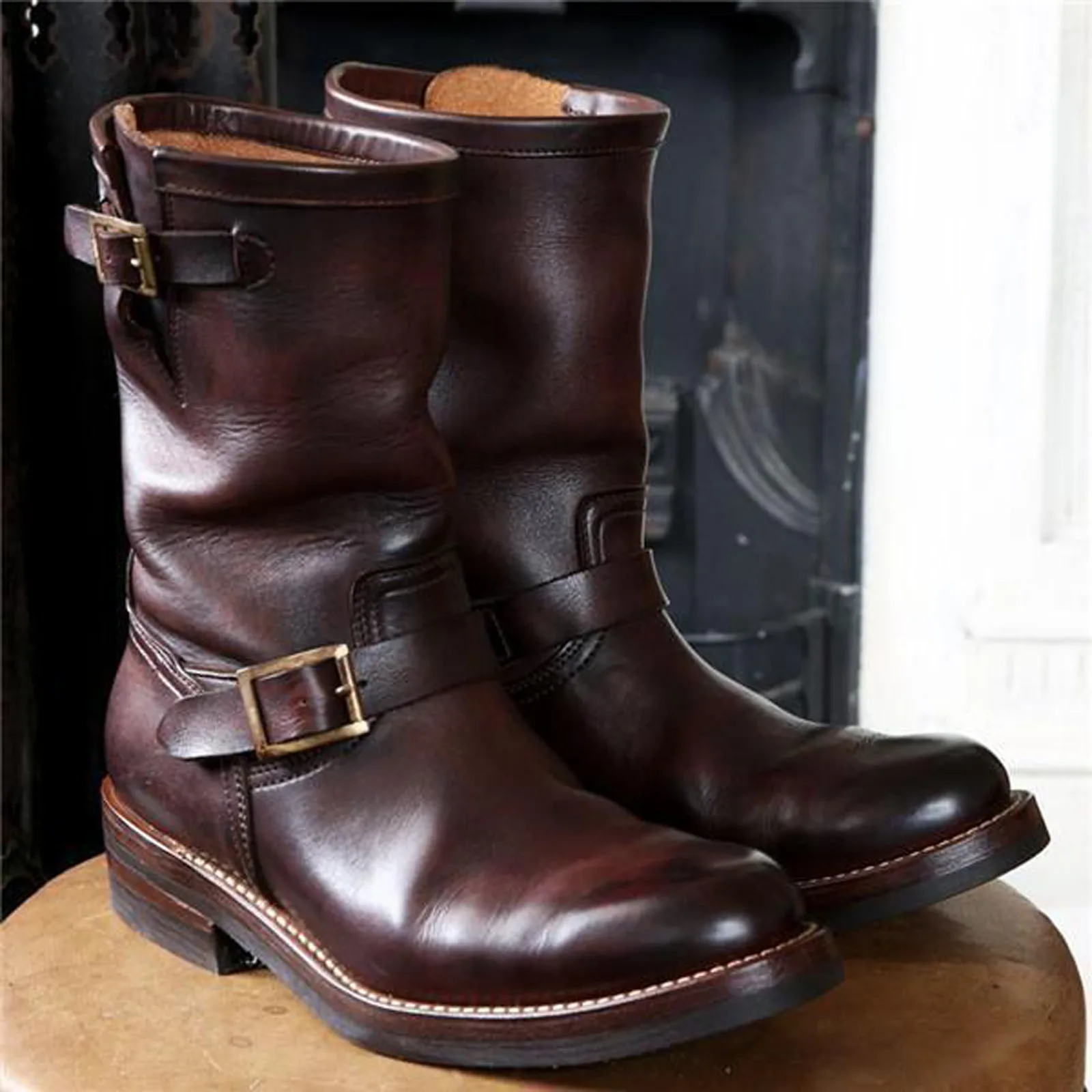 Men's Leather Buckle Chelsea Boots Men's Boots Black Western Cowboy Boot Zipper Vintage Brown Motorcycle Leather Boots