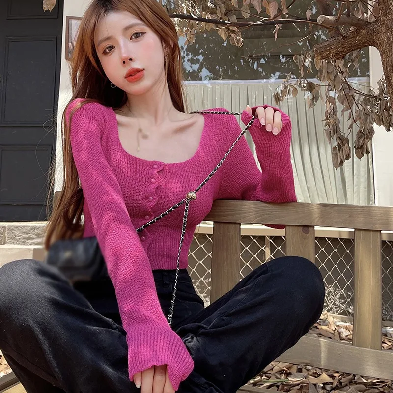 Single-breasted new Long Sleeve Square Neck Solid Color 2025 Short Top Knitted Air Conditioning Shirt Women's Sweater