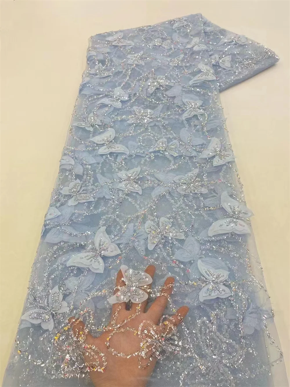 2023 Luxury 3D Lace Fabric Dubai Hand Beaded Tulle Lace Fabric Embroidered Applique African Nigerian Fabric For Sewing