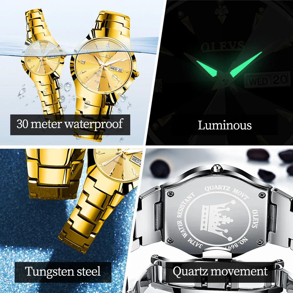 OLEVS Men's Watches Top Brand Luxury Original Quartz Wacth for Man Waterproof Tungsten Steel Case Strap Luminous Date Week Thin
