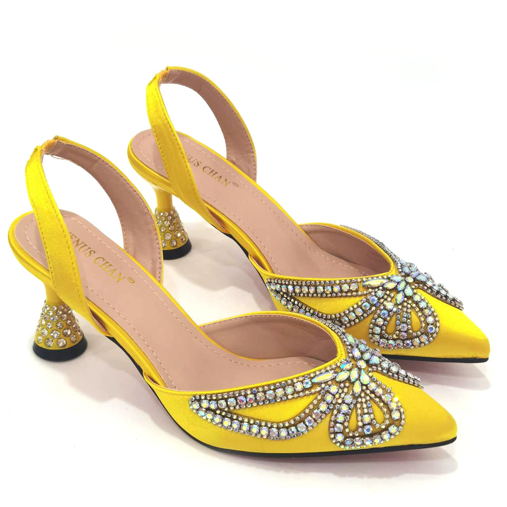 Yellow Bowknot Pointy Toe High Heel Sandals with Matching Bag Set 4