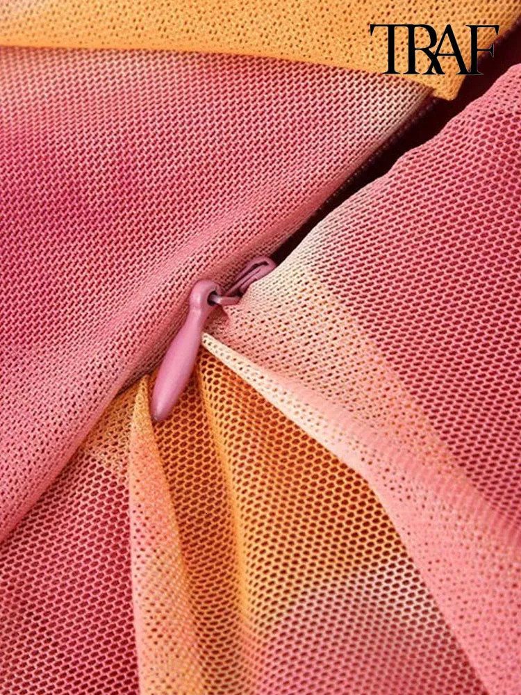 TRAF Women Fashion Strapless Printed Tulle Ruched Midi Dress Vintage Straight Neck Side Zipper Female Dresses Vestidos Mujer 240319