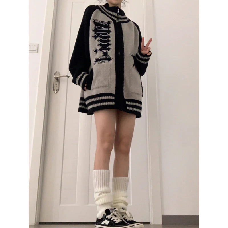 Deeptown Streetwear Y2k Zip Sweater Cardigan Women Retro 2025 Grey Striped Patchwork new Oversize Letter Jumper Korean Style Knitted Top