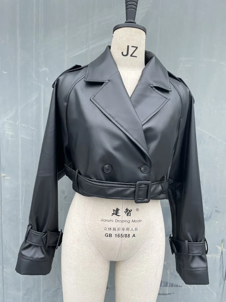 RR3191 Short Oversized Leather new Effect Trench Coats Fake Leather Cropped Short Jackets 2025 Ladies Long Sleeve Loose Women Coa