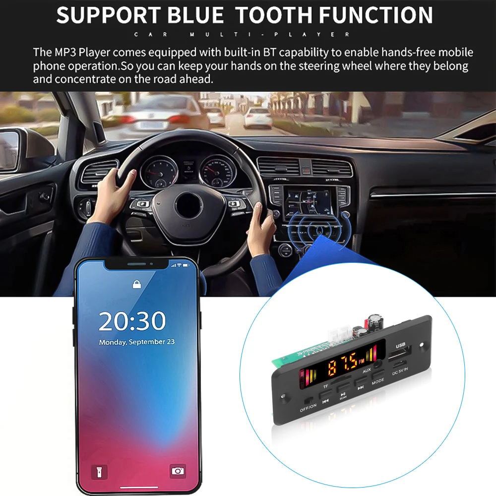 6W Amplifier 5V-32V 12V MP3 Decoder Board Handsfree Bluetooth V5.0 Car MP3 Player USB Recording Module FM AUX Radio For Speaker