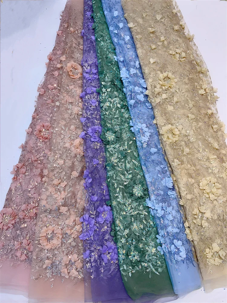 African Glue Sequins Tulle Lace Fabric French High Quality 3d Embroidery 5 Yards Nigerian Lace Fabrics For Party Dress