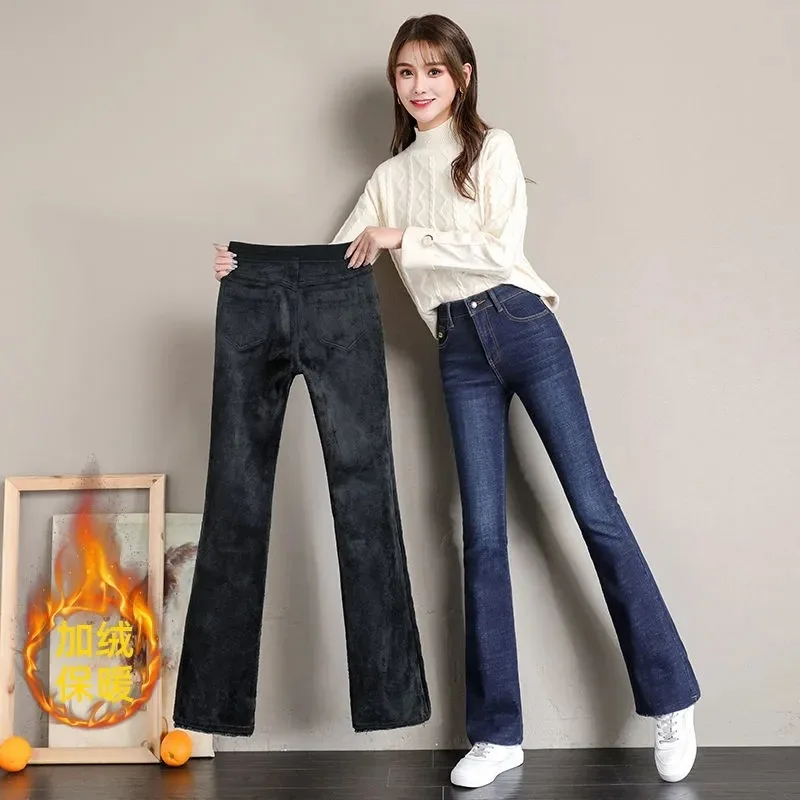 Vintage Plush Lined Flare Jeans Women New Winter Warm Casual Skinny Vaqueros Thicken Stretch Denim Pants High Waist Bell-bottoms