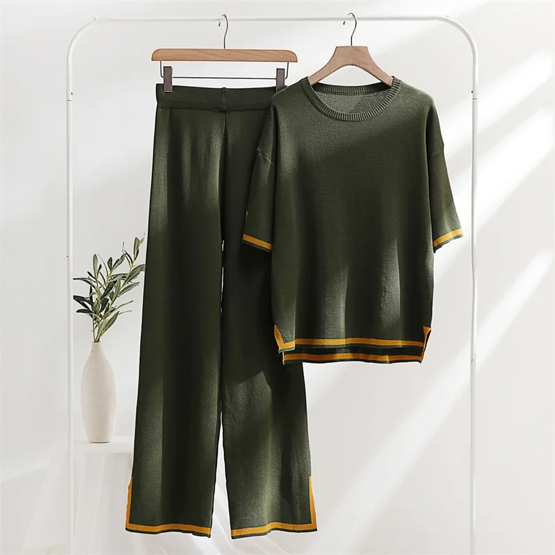 Two Piece Set 2025 Elegant new Pants Sets Ice Knitted Summer Outfits For Women 2023 Short Sleeve Pama Suit