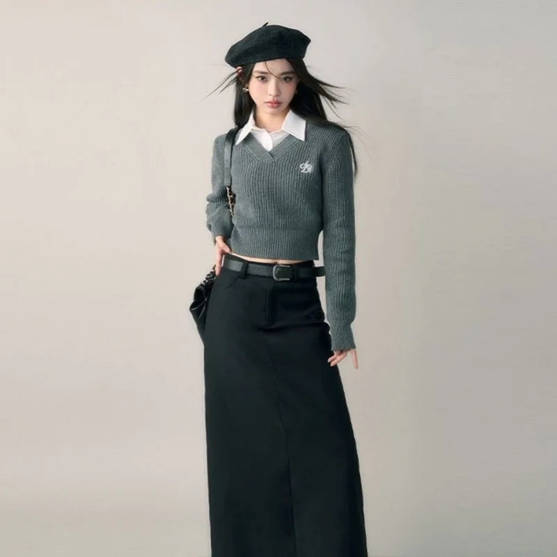 new Deeptown Haruku Basic Black Cropped Sweater Women 2025 Vintage Korean Style Slim Gray Long Sleeve Knit Jumper Female Preppy Fashion