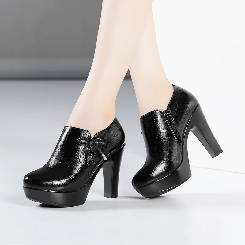 Small Size 32-43 Quality Decent Soft Leather Shoes Women's Platform Pumps for Office Work new 2024 Block High Heels 2025 Shoes with Fur