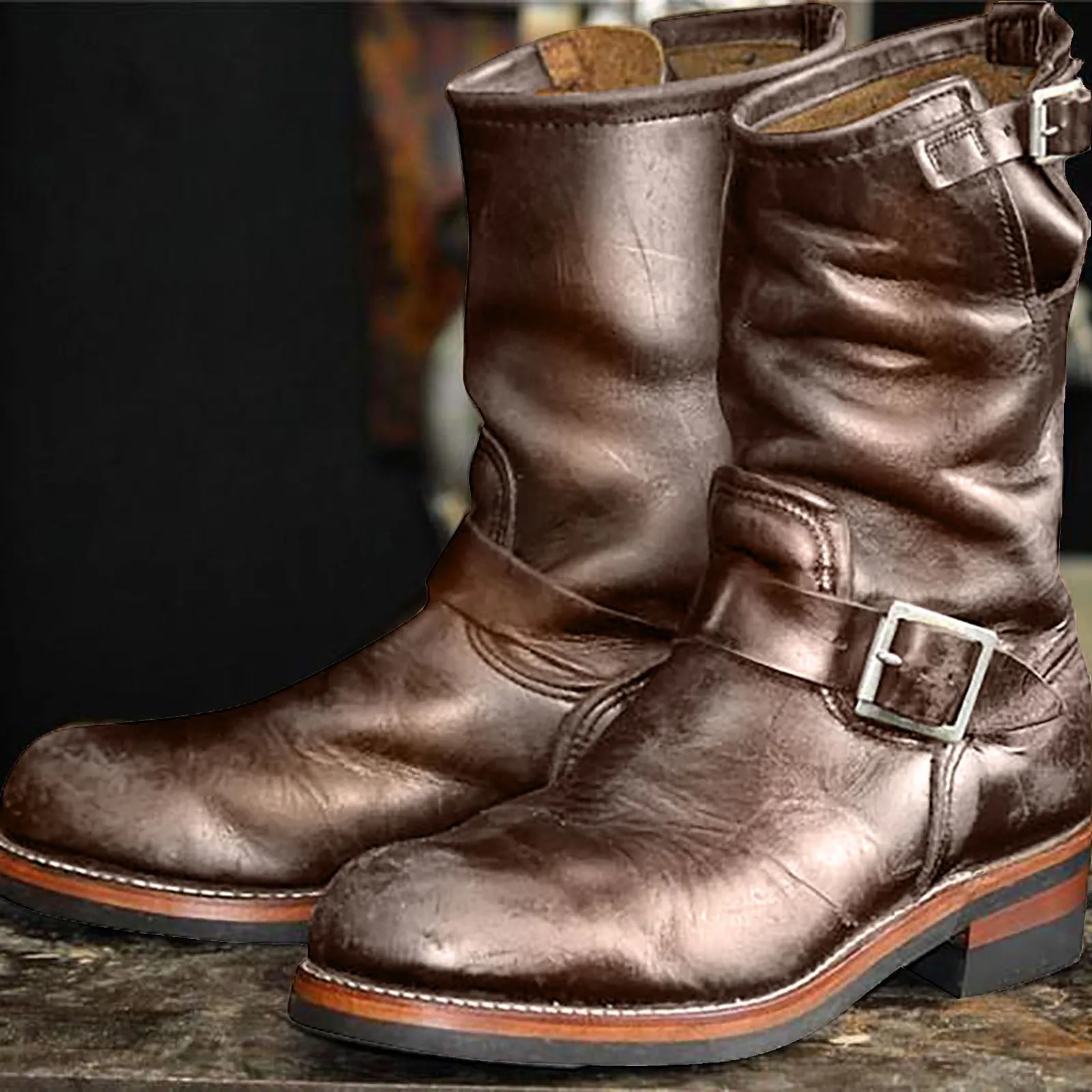 Men's Leather Buckle Chelsea Boots Men's Boots Black Western Cowboy Boot Zipper Vintage Brown Motorcycle Leather Boots