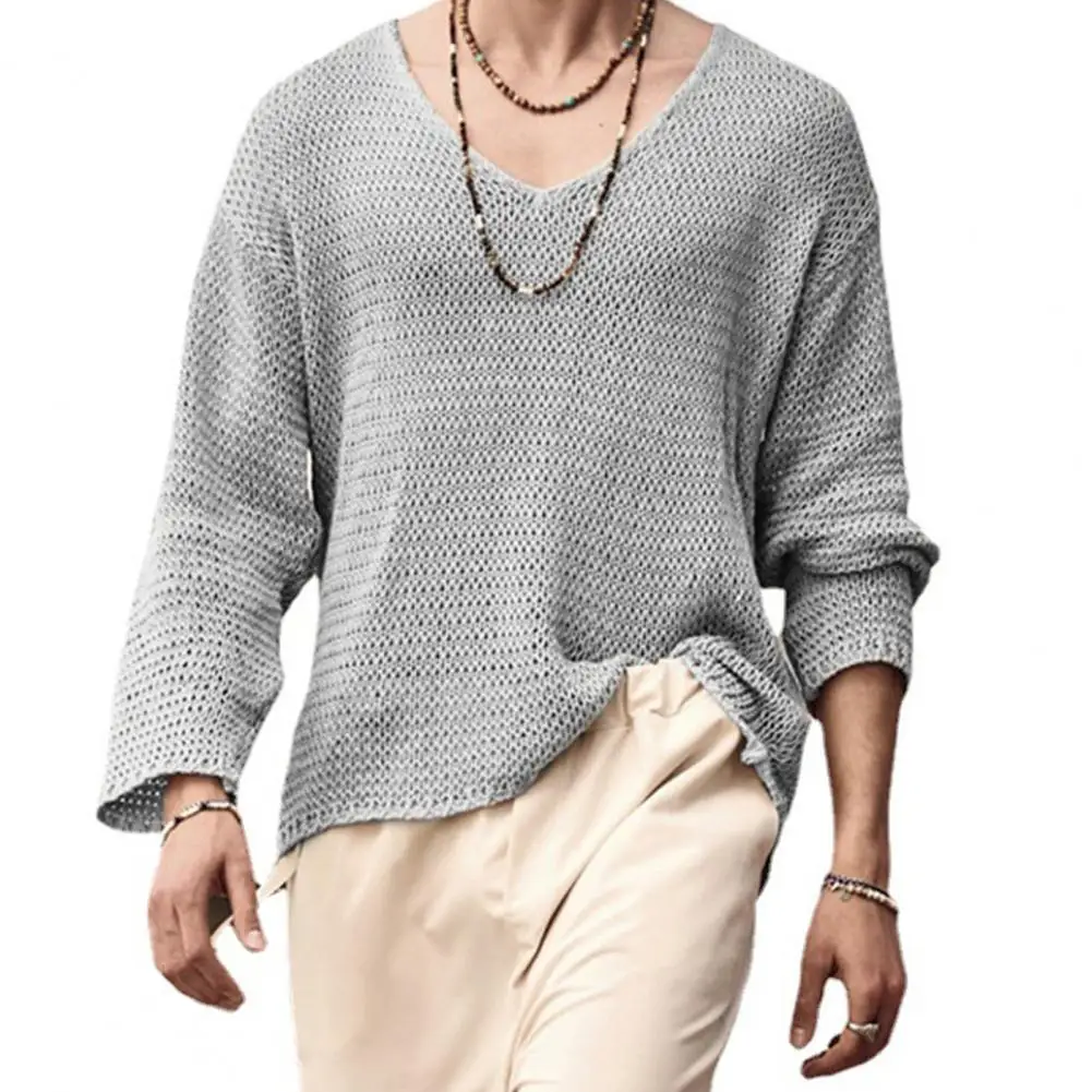 Men Pullover Sweater Spring Autumn V-Neck Long Sleeve Knitted Tops Solid Color Hollow Out Loose Knitwear Streetwear