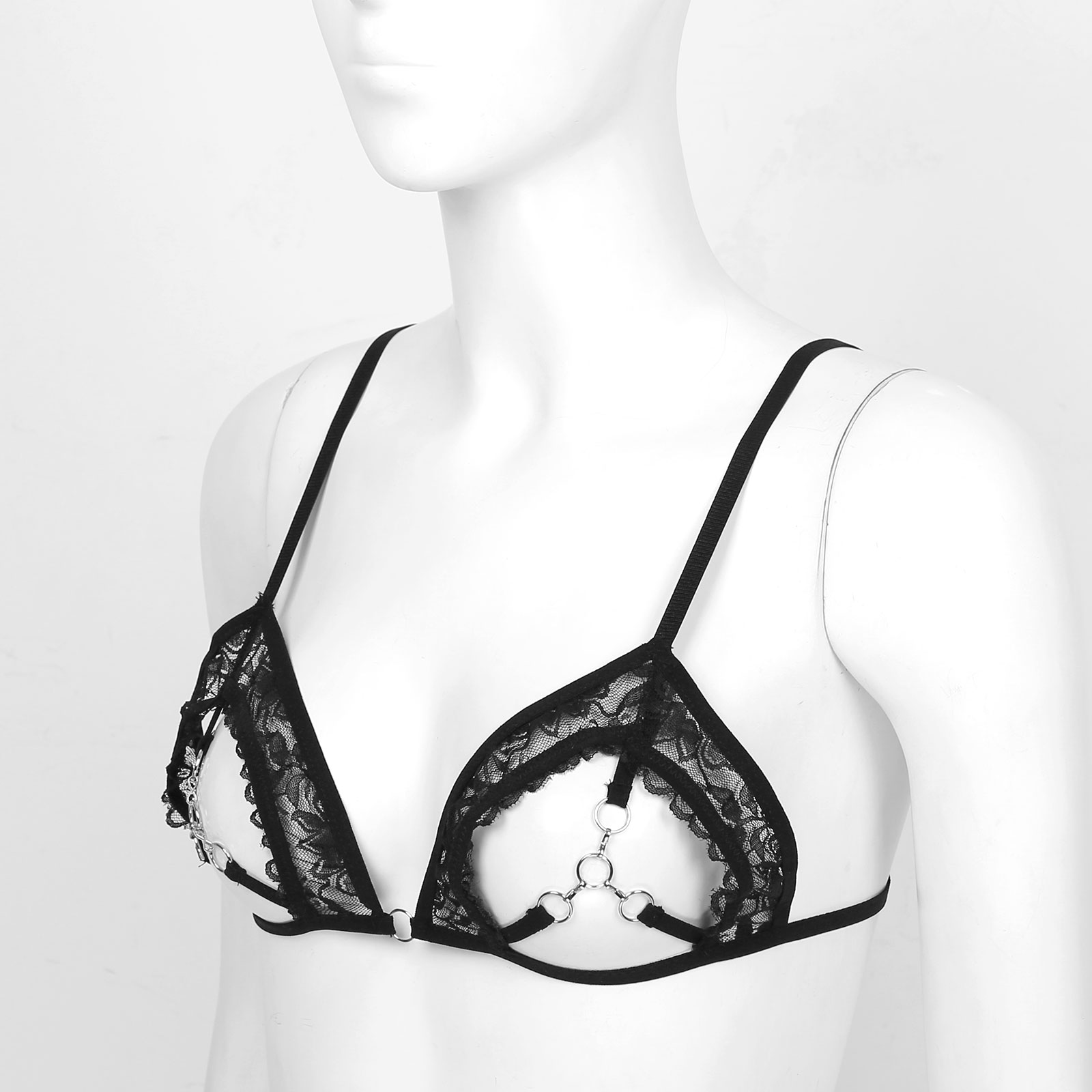 Womens Lingerie Erotic Bras Open Cup See Through Sheer Lace Bra Top Brassiere with Metal Rings Linked at Bust Bralette Underwear