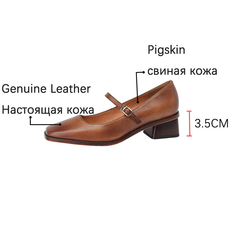 New 2022 Genuine Leather Mary Jane shoes Women's Retro New Buckle Shallow Heel Pumps Square Toe Shoes Woman atos De Mujer 9cc0