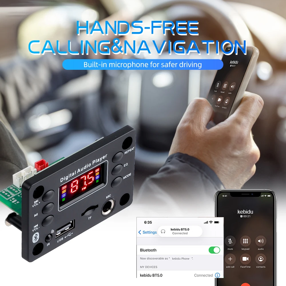 2*25W 50W Amplifier 12V Handsfree Bluetooth MP3 Decoder Board DIY Audio Home Digital Microphone USB TF FM Radio For Car Speaker