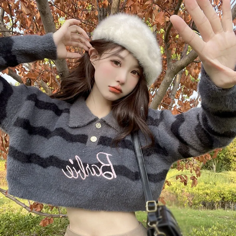 Women Stripe Mink Fur SweaterTurn-down new Collar Long Sleeve Pullover Sweater Autumn 2025 Winter Tops