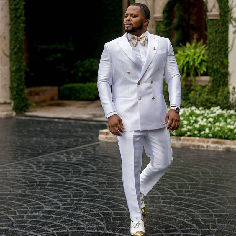White Wedding Terno Hombres ddmysmile Wedding Groom Double Breasted Peak Lapel Two Pcs Jacket Pants Slim Tre De Hombre Elegante Smile