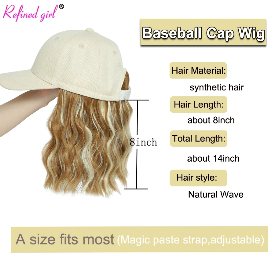 Short Hat Wig Baseball Cap with Natural Wave Hair Extensions Synthetic Wig for Women Adjustable White Black Pink Baseball Wig